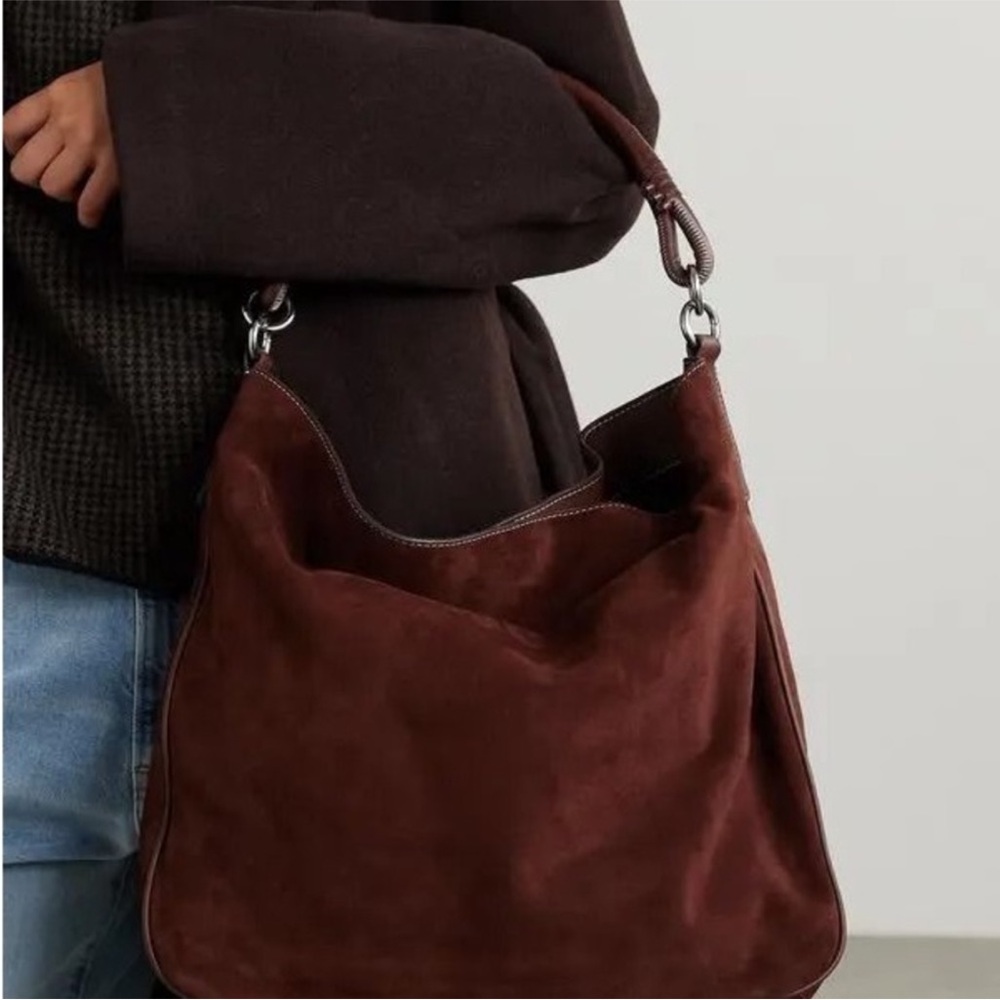 STAUD Burgundy Suede Hobo Bag with Silver Hardware
